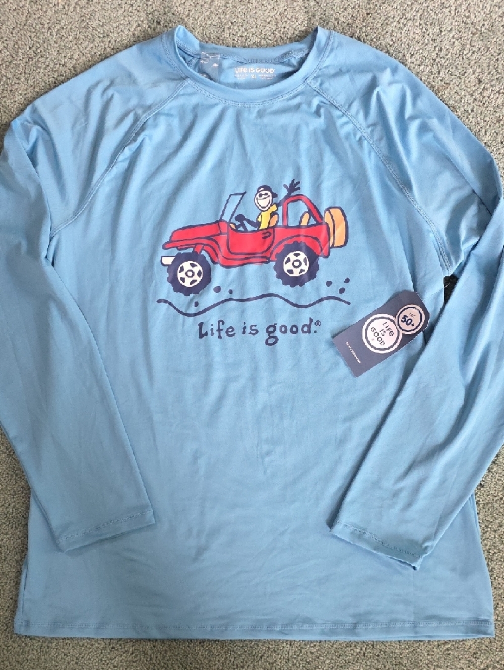 Life Is Good Mens XL Light Blue Long Sleeve Tee with Red Jeep Graphic, NWT. - Picture 2 of 12